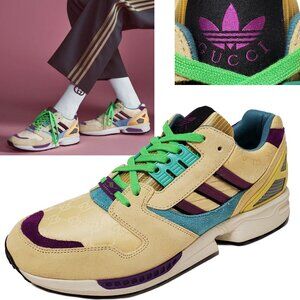 GUCCI MENS SNEAKERS X ADIDAS ZX 8000 TORSION BEIGE GG LOGO CANVAS SHOES 8